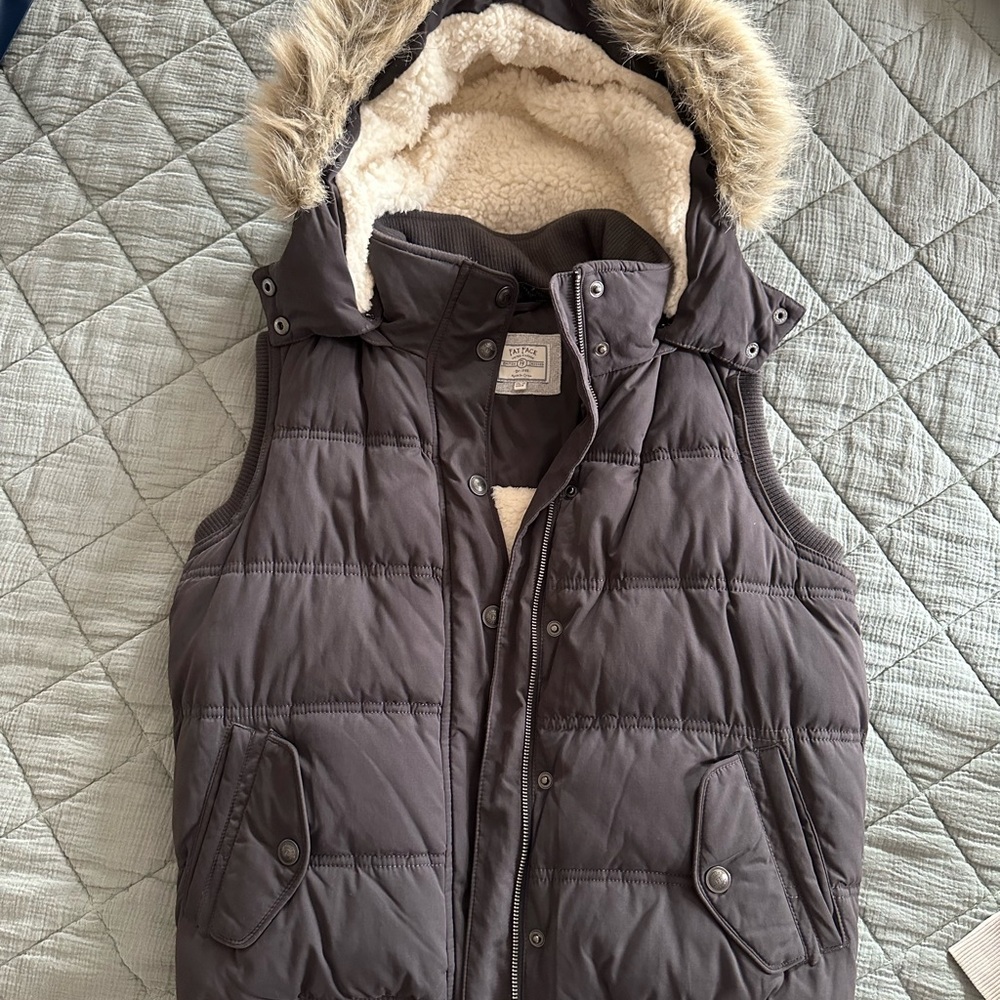 Fat Face UK Gray Hooded Puffer Vest with Faux Fur Trim